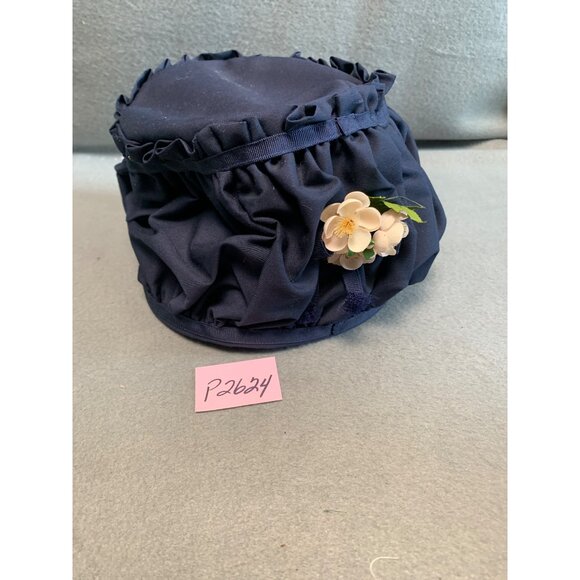 Handmade Navy Blue Ruffled Vintage Hat with Floral Accent by Pauline Boyer 21" - Picture 9 of 9